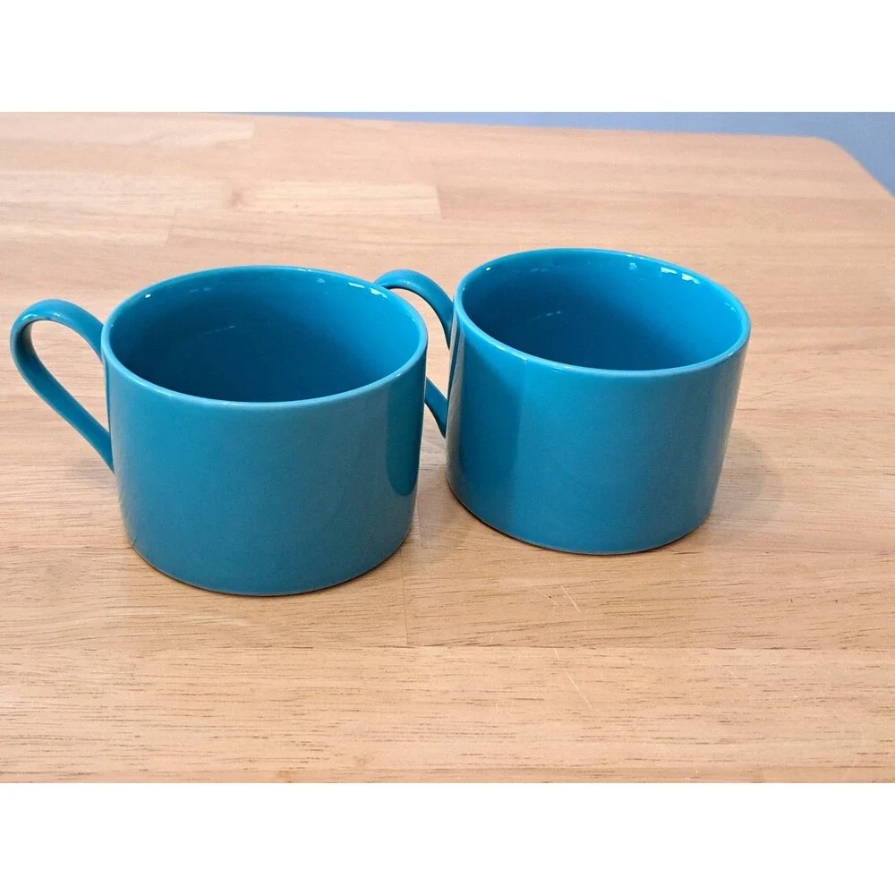2 Crate & Barrel Teal Blue Small Coffee Cups Mugs Porcelain